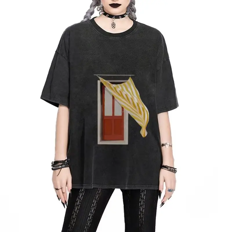 グラフィック Tシャツ ウィンドウカーテン Tシャツ 綿 100% 高品質 オーバーサイズ ウォッシュド Tシャツ イエロー カーテン プリント アーティスティック Y2K バイブ