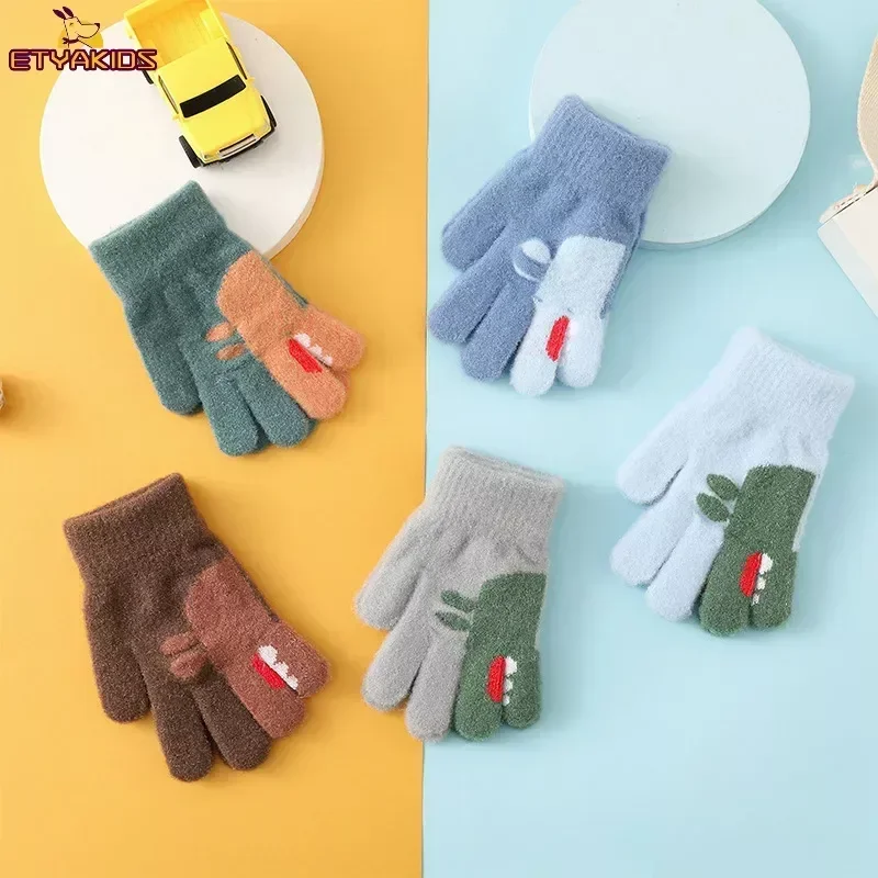 

1Pairs Cute Cartoon Dinosaur Winter Warm Kids Gloves Kindergarten Boys Girls Five Finger Dino Knitted Gloves for 3 To 6 Years