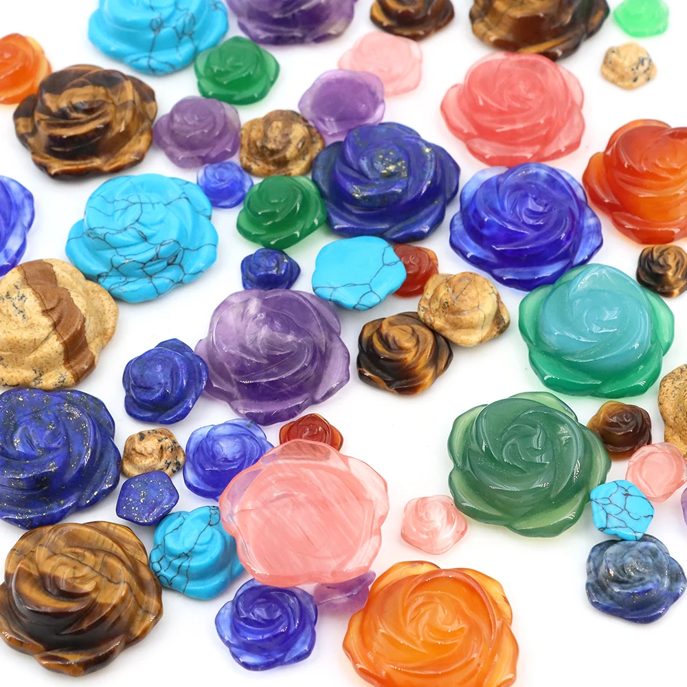 10 15 25mm Rose Flower Beads Natural Stone Carving Crafts Home Decoration DIY Pendants Necklace Reiki Gemstone Love Jewelry Gift