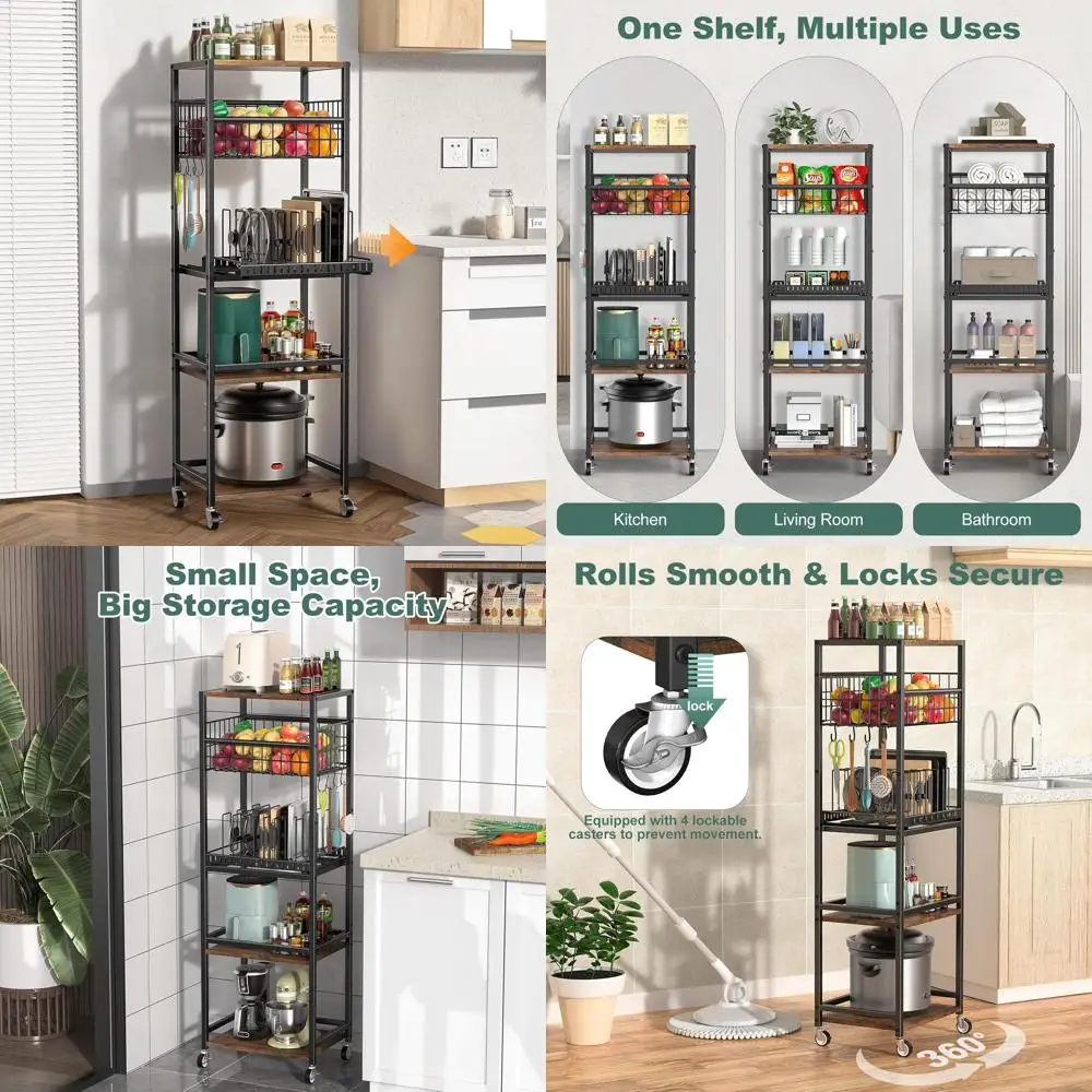 

5-Shelf Kitchen Trolley with Metal Basket, Pull-Out Lid Organizer, and Wooden Top Storage for Home Use