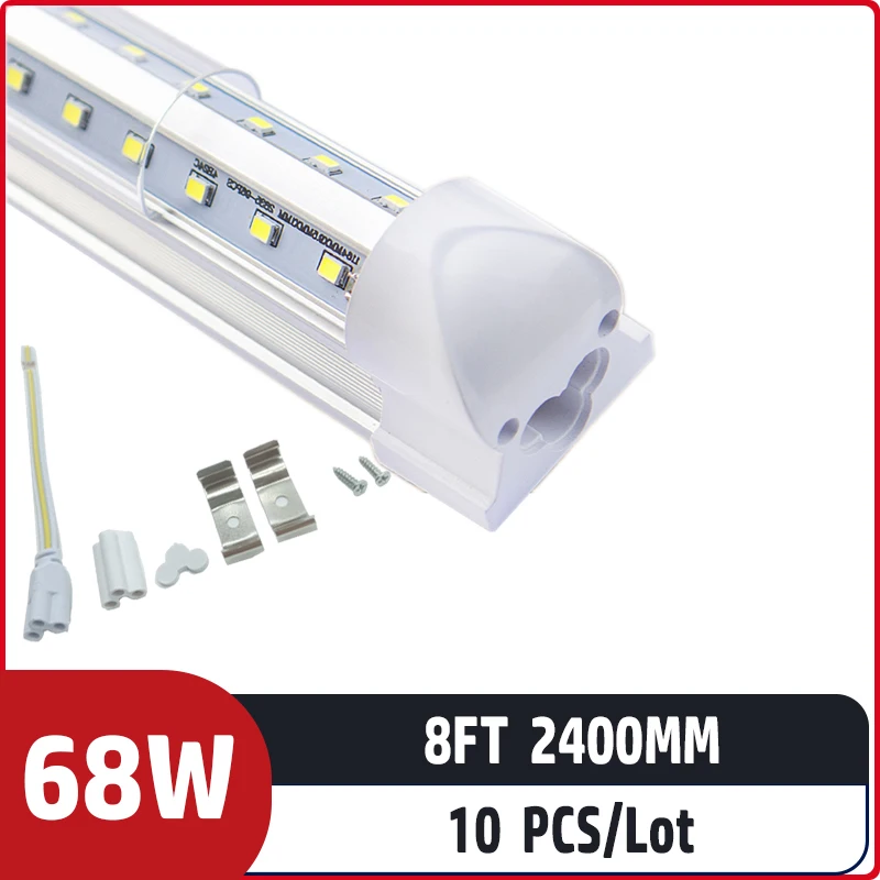 

10pcs/lot 8ft 2400mm 68w AC85-265V input Led Fluorescent lamp For Home Lighting T8 integrated v shape led tube