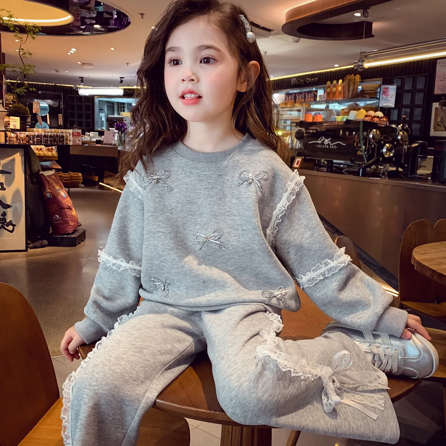 Kids Lace Bow Knot Sweatshirt Girls Flare Pants Casual Spring Autumn New Set Korean Unique Two Piece Set Trendy