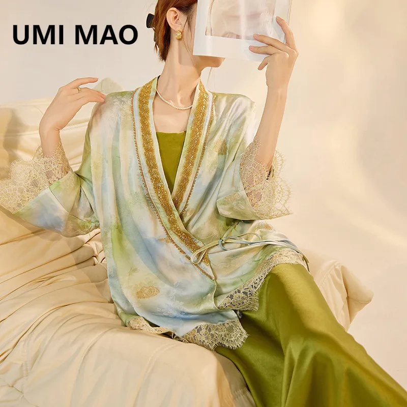 UMI MAO Chinese Style New Chinese Style High-end Embroidery Bead Lace Design Cardigan Jacket Acetate Suspender Skirt Set Women