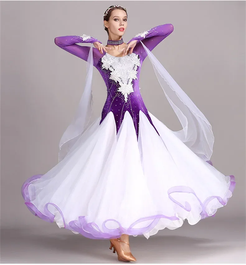 ชุดเต้นรำบอลรูมแบบเย็บติดผ้ากำมะหยี่ ชุดเต้นรำมาตรฐาน ชุดเต้นรำสมัยใหม่ ชุดเต้นรำวอลซ์ ชุดเรืองแสง