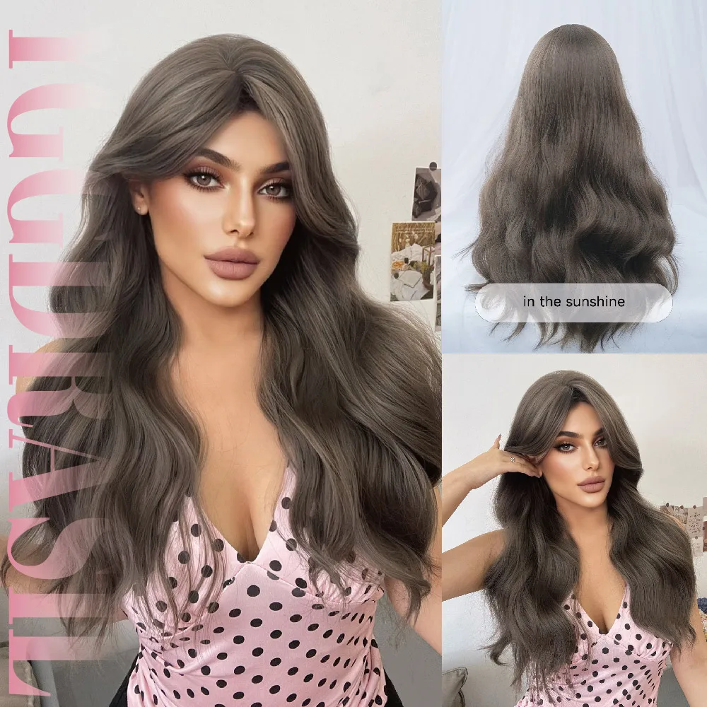 

26Inch Modern Style Gunmetal Gray Color Synthetic Wigs Middle Part Long Natural Wavy Hair Wig For Women Daily Use Heat Resistant