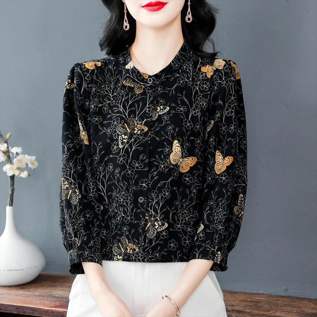 

Korean Fashion Summer Butterfly Print Black Blouse for Women Clothes Loose Casual 3/4 Sleeve Shirt Tops