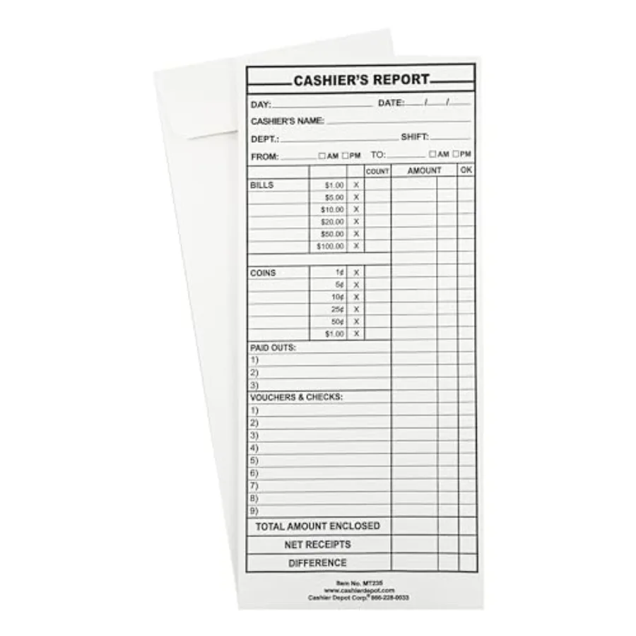 

Конверты для денежных отчетов Cashier Depot - Cashier's Report MT235, белые, 4 1/2 x 10 3/8 дюйма, бумага 24lb, для отчетов о поступлении наличных, для розничной торговли и ресторанов