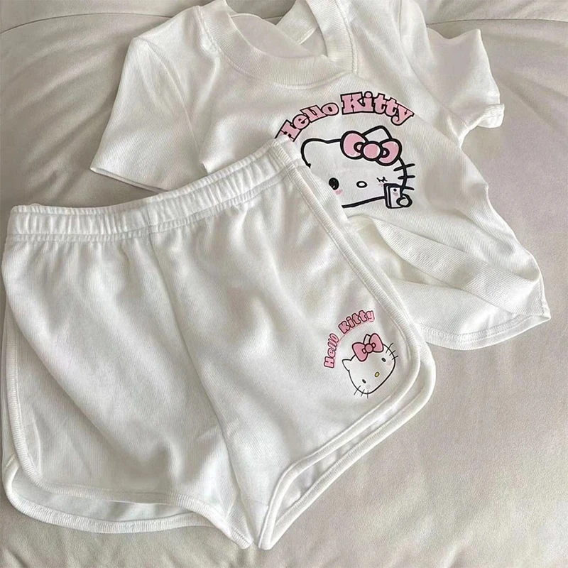 Sanrio Hello Kitty Shorts Set Y2K Summer Slim Short Sportswear Ladies\' Tops Short Sleeve Shorts 2024 Woman Homewear Sets