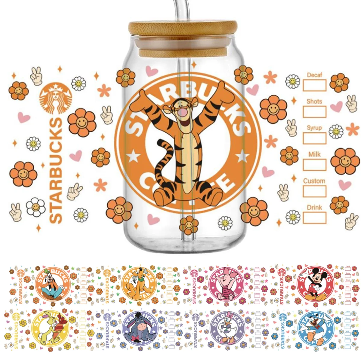 มินิโซะชุดการ์ตูนผสม16ออนซ์ถ้วย DTF UV สติกเกอร์ทรานเฟอร์สำหรับแก้ว Libbey สามารถใช้ด้วยตัวเองสามารถซักได้ DIY ออกแบบเอง