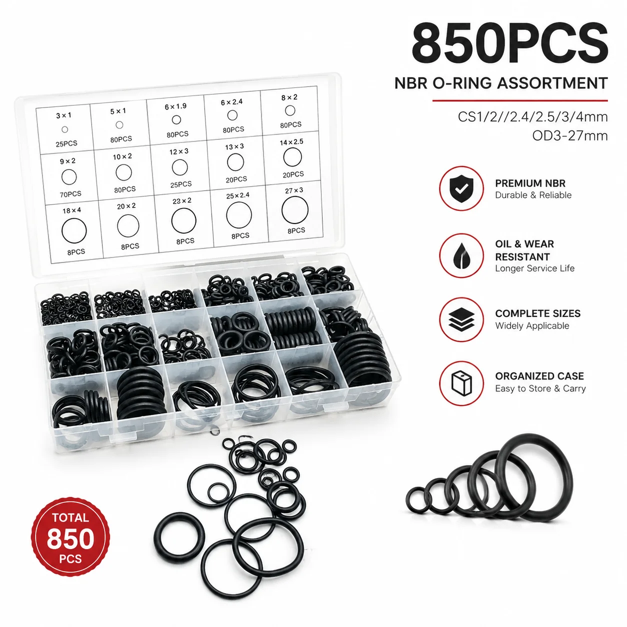 850 Pieces of NBR O-ring Combination Black Nitrile Rubber CS1-4mm Outer Diameter 3-27mm, Pipeline Valve Sealing Accessories