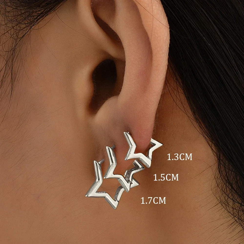 6pcs/Set Vintage Glossy Chic Silver Color Star Hoop Earrings for Women Retro Pentagram Huggie Hoops Daily Wear Jewelry