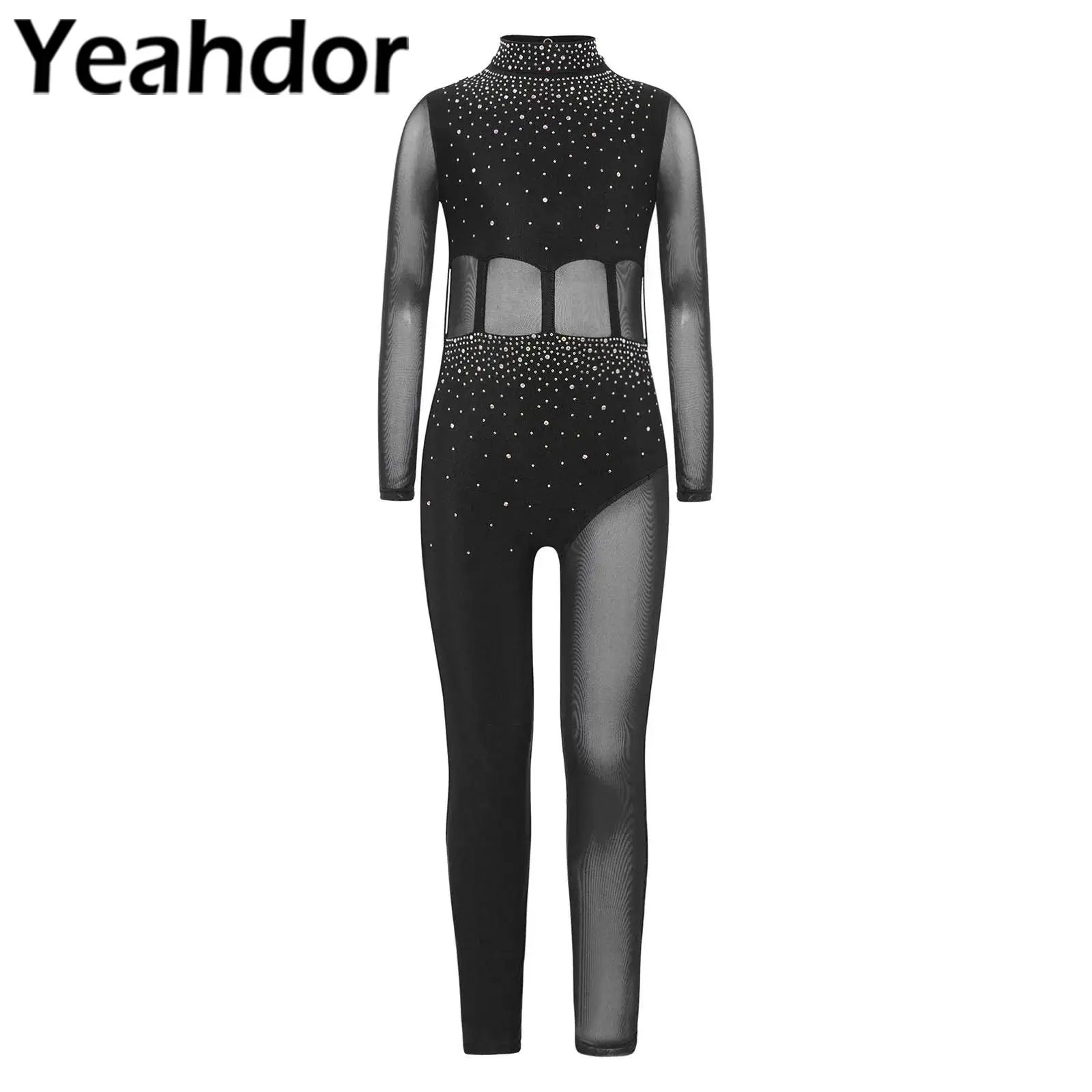 Girls Ballet Gymnastics Workout Dance Jumpsuit Figure Skating Romper Sheer Mesh Mock Neck Long Sleeve and Keyhole Back Dancewear