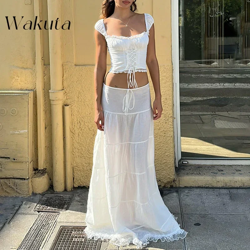 

WAKUTA 2024 Summer French Square Collar Lace Splicing Tanks+Skirt Casual Vacation Style Set Beach Y2K Clothes for Women Blouse