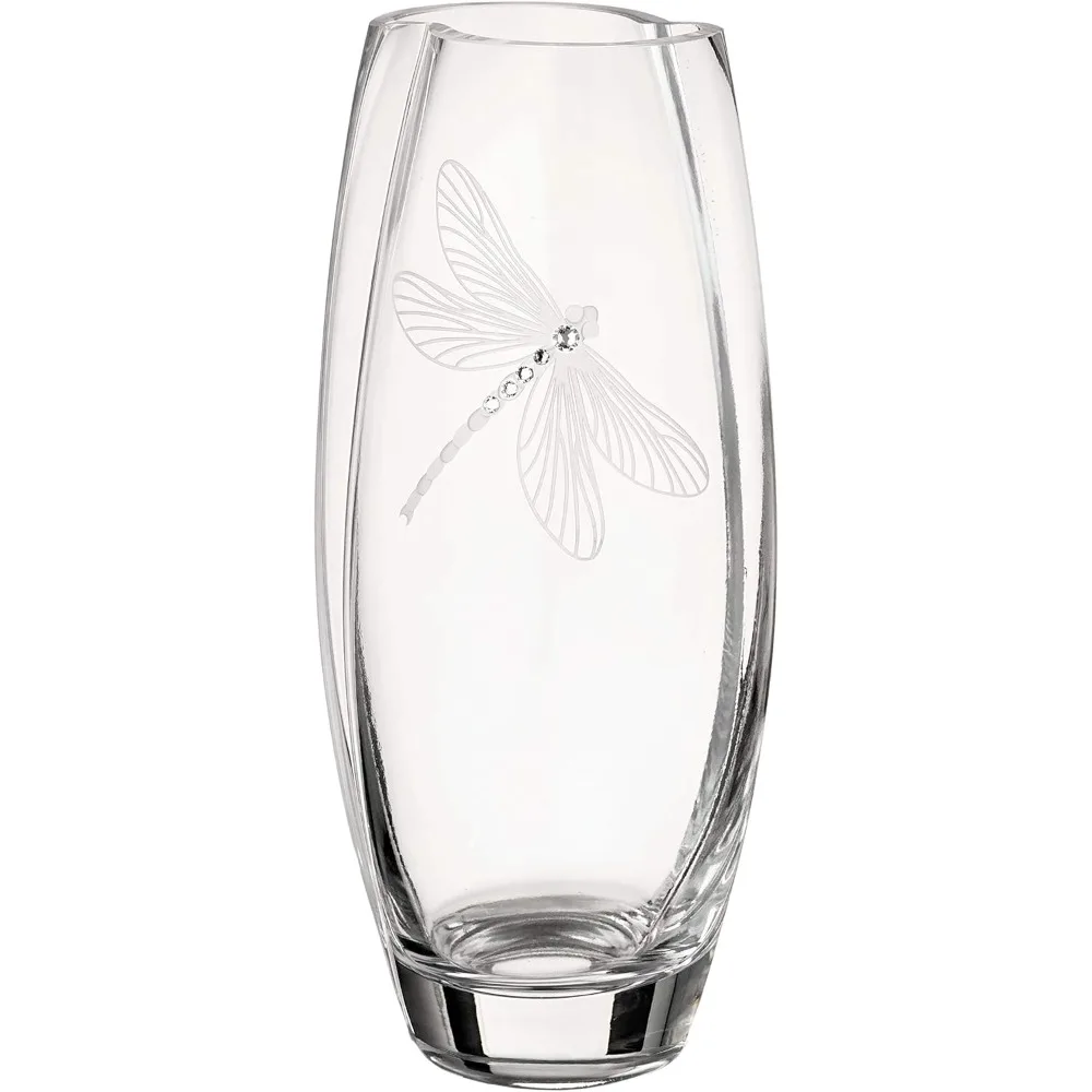 Handmade glass vase - adorned with crystal dragonflies - gold gift box - transparent mouth blown vase center