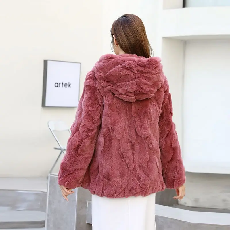 겨울 여성용 리얼 퍼 코트 루즈핏 탑 토끼털 재킷 후드 여성 의류 푹신한 털 천연 퍼 재킷 포켓 파카