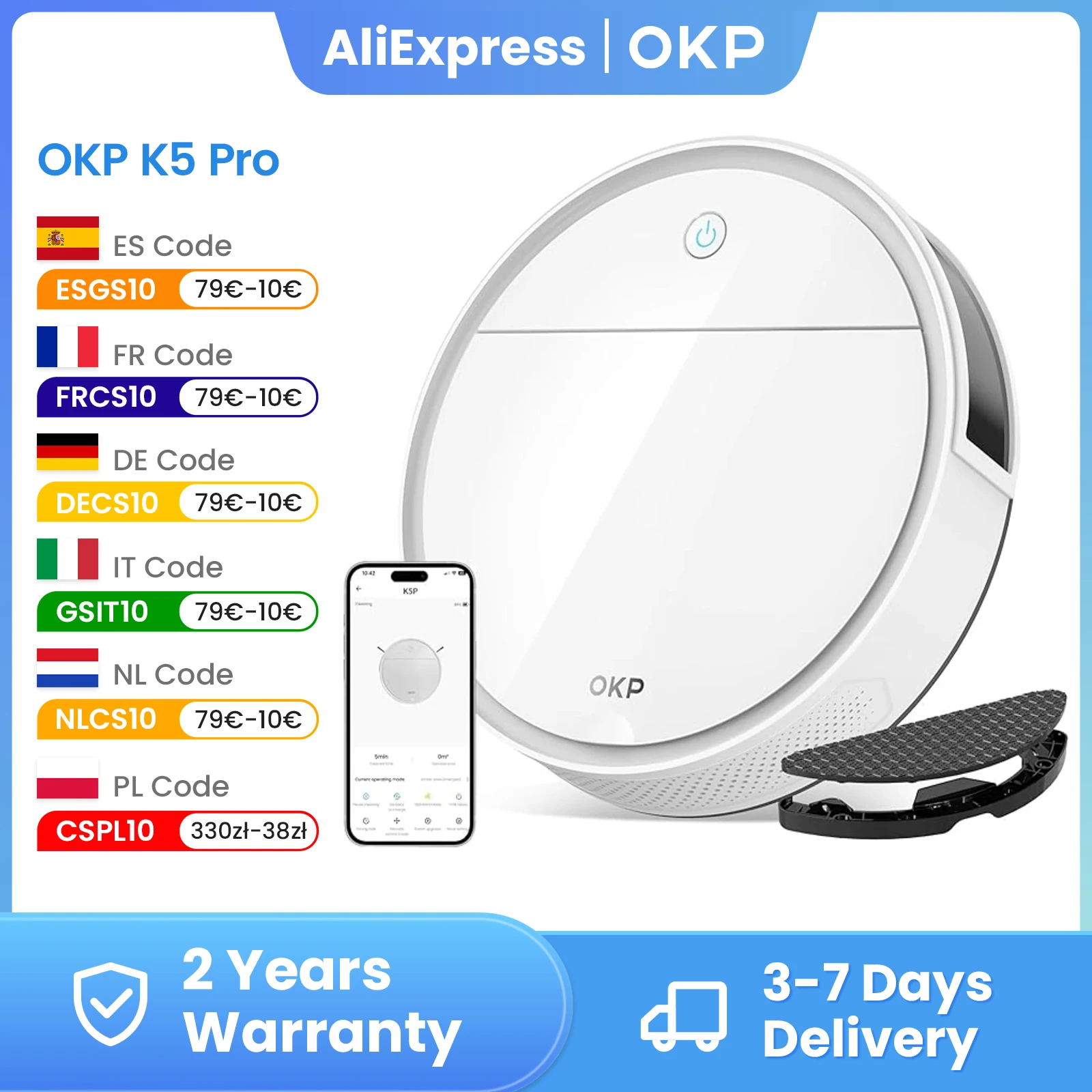OKP K5P Robot aspirateur, 5000Pa, 180 minutes, WiFi/application, conception mince, auto-chargement, parfait pour les sols durs, les poils d'animaux, les tapis
