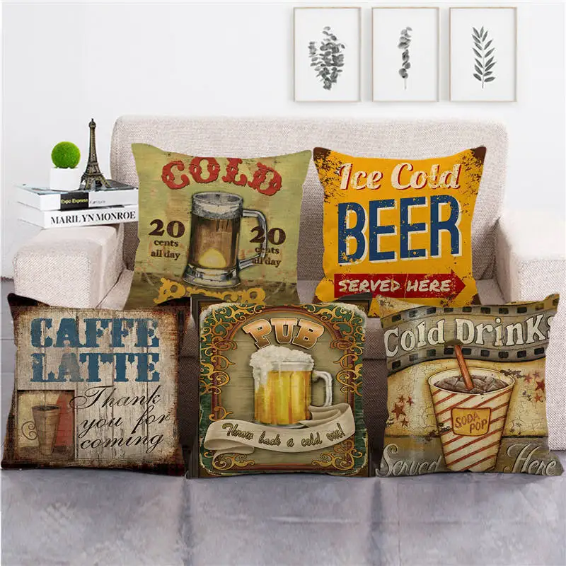 Cerveja festa capa de almofada estilo retro cerveja vinho impressão fronha decoração para casa capa de almofada do sofá funda cojines 45x45