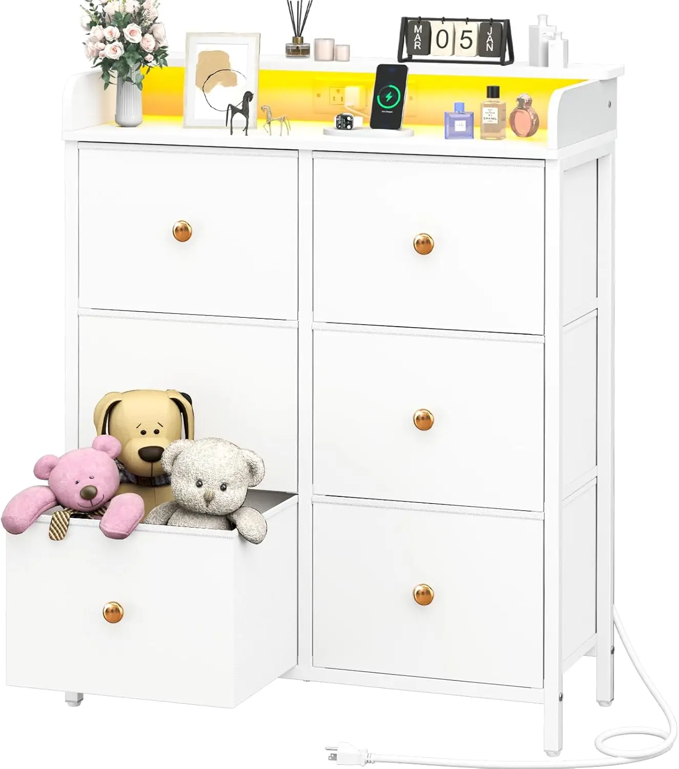 

Dresser for Bedroom with Charging Station, 6-Drawer Chest Furniture with LED Lights, Fabric Dressers & Chests of Drawers