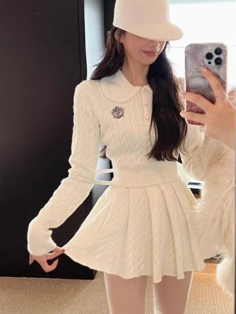 Mini jupe slim style preppy pour femme, vêtements moulants, swearter Kawaii, mode décontractée Y2k, ensemble 2 pièces, automne 2024