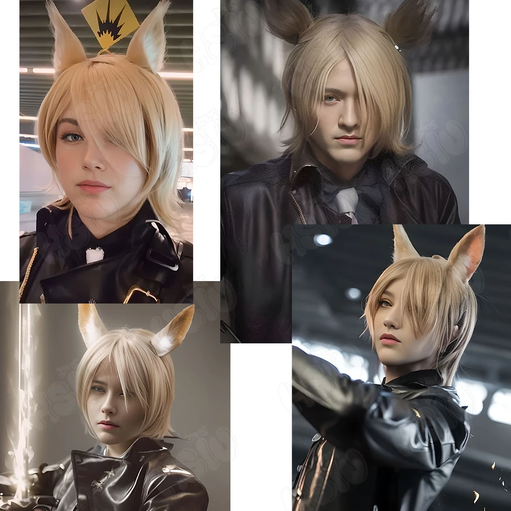 Mlynar Wig Cosplay, Wig permainan Arknights Cosplay HSIU 60CM, rambut palsu sintetis Panjang ekor kuda kuning muda + topi Wig Arknights