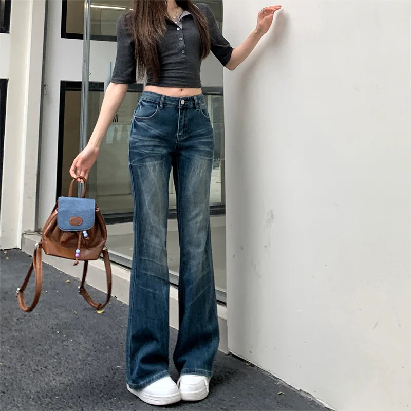 Korean Style Women Spring Autumn Slim Fit Flare Jeans Retro Dark Blue Texture Wash High Waist Floor Length Pants