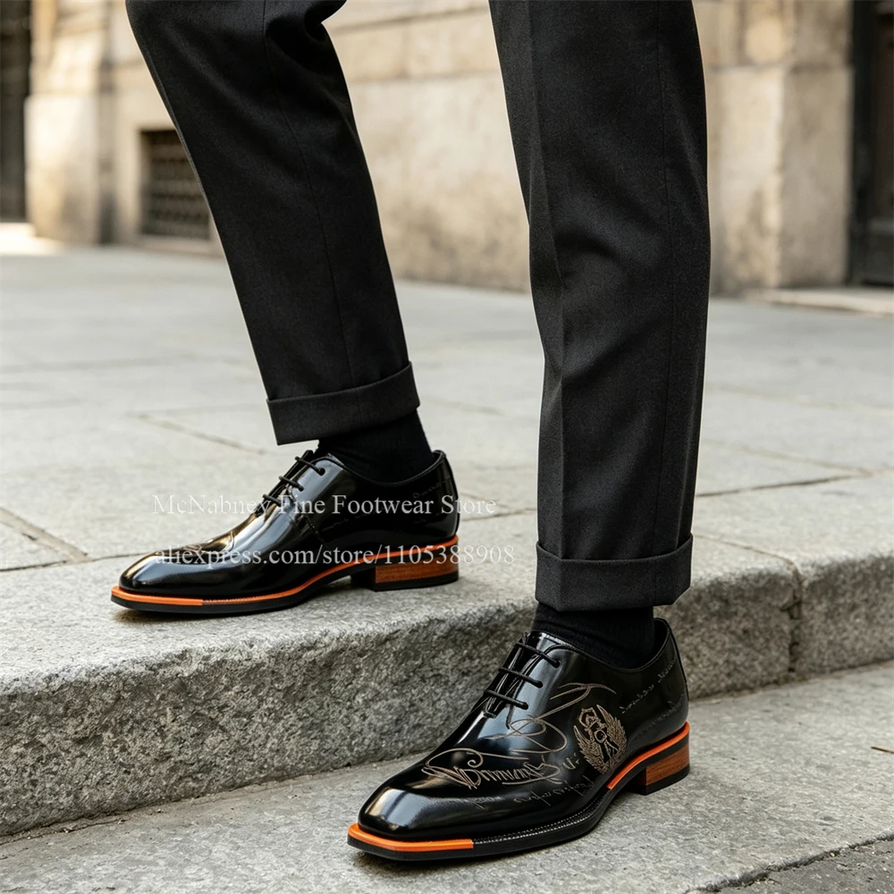 Orange Gradient Engraved Leather Lace up Oxford Shoes Luxury Gentlemen Pointed Toe Formal Shoes Wedding Office Men Dress Shoes