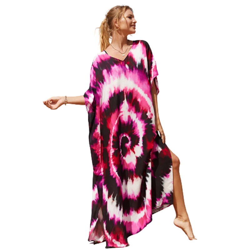 

Tie Dye Print Side Split Hem Beach Cover Up Women V Neck Pullover Loose Sun Protection Coverall Female Beachwear Robe Cover-ups