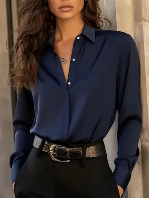 Women's  Long Sleeve Button Down Blouse - Elegant Office Chic Top with Classic Collar & Versatile Style
