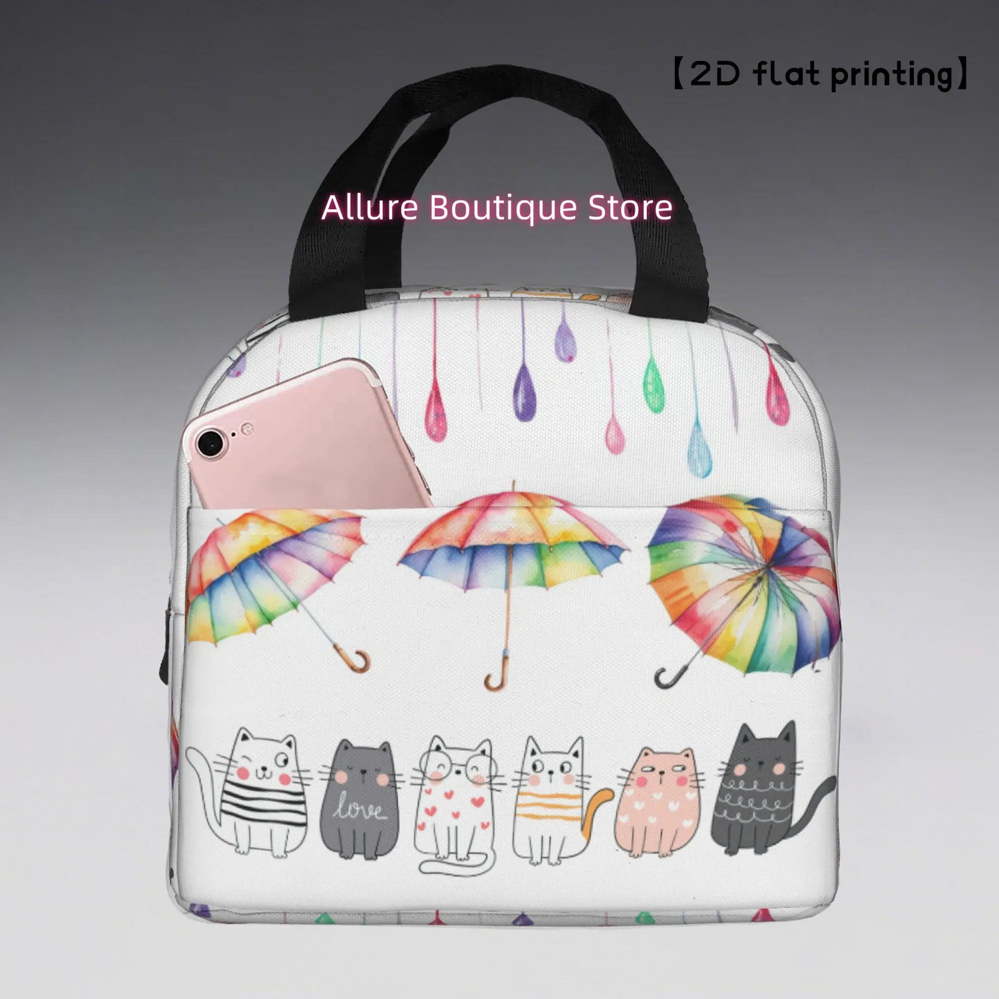 1pc Cat Umbrella Theme Portable Reusable Cooler Bag - Polyester Lunch Box Bag with Black Handles, Colorful Rainbow & Kitten Desi