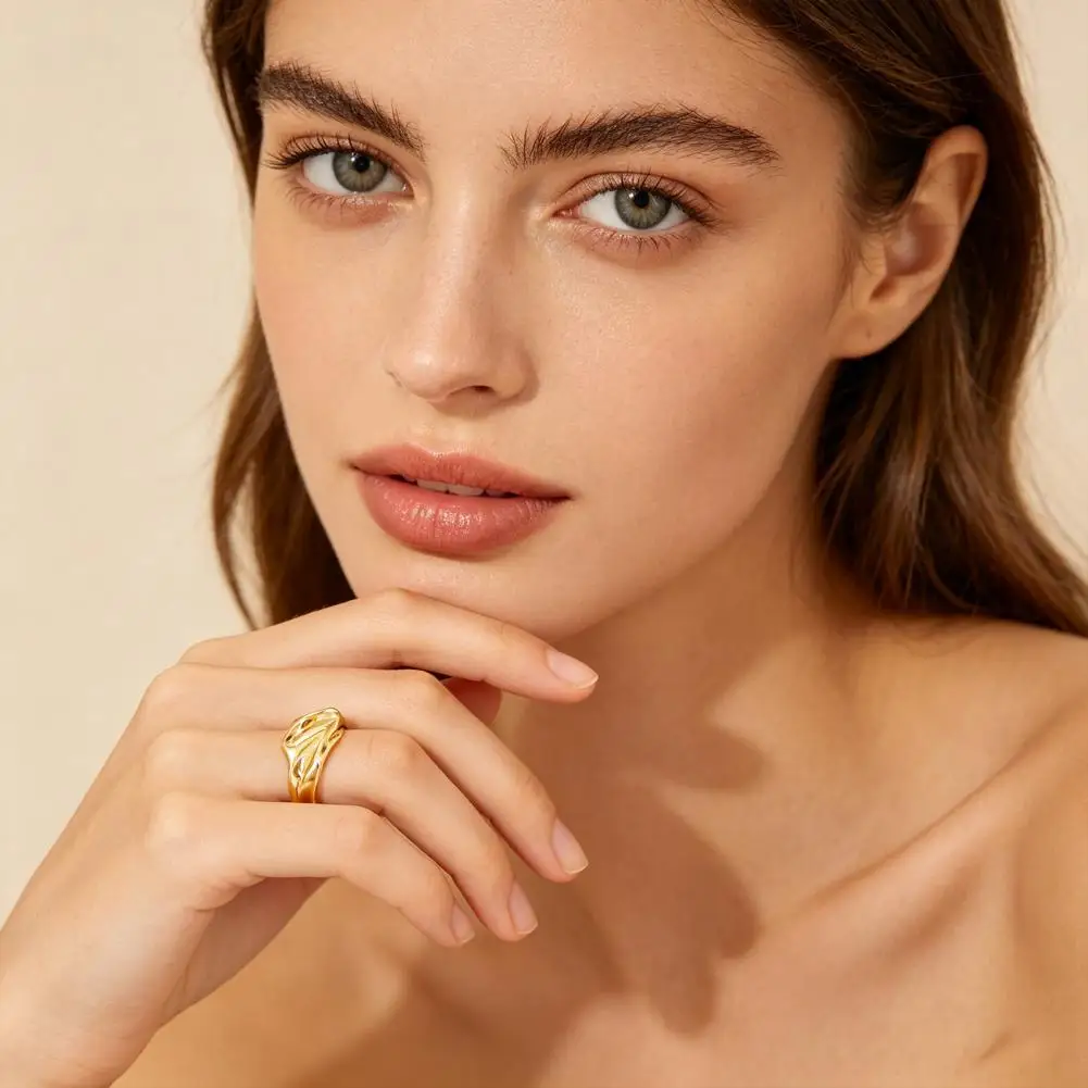 Gold Plated Ring Adjustable Silver Ring for Women Lightweight Open Band Ring Dainty Wave Curve Thumb with Exquisite