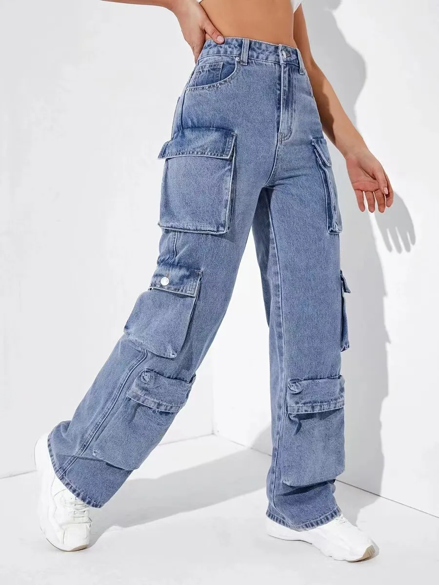 2024 women's multi pocket blue washed denim pants work pants retro street fashion high waisted pants casual wide leg pants