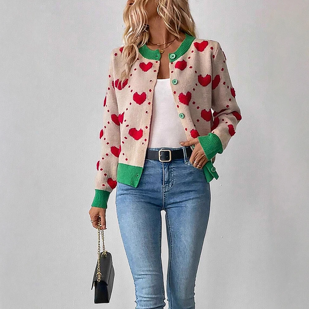 الحب القلب نمط محبوك سترة مفتوحة كتلة اللون زر واحد فضفاضة تناسب التخسيس المرأة سترة معطف نمط غير رسمي