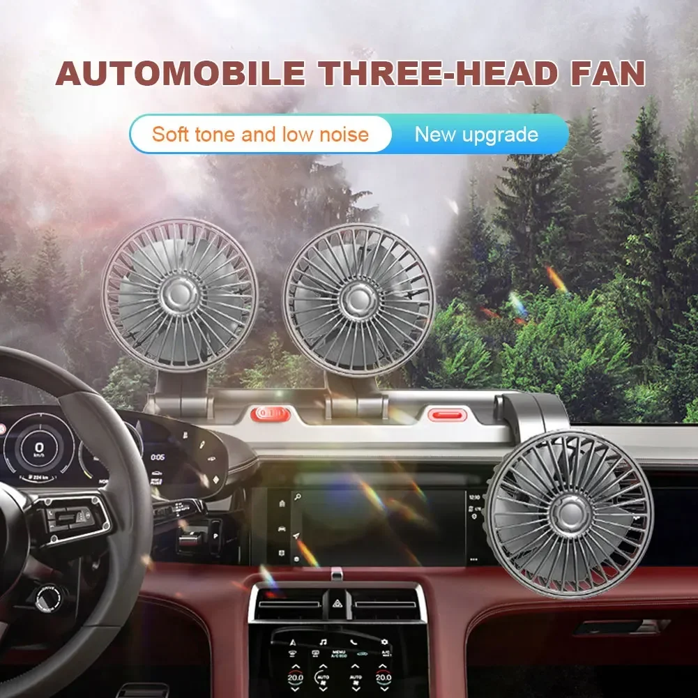 Car Cooling Fan 360° Adjustable Three-Head Car Fan 5V/12V/24V Brushless Low Noise Automotive Electric Fan for Dashboard RV Truck