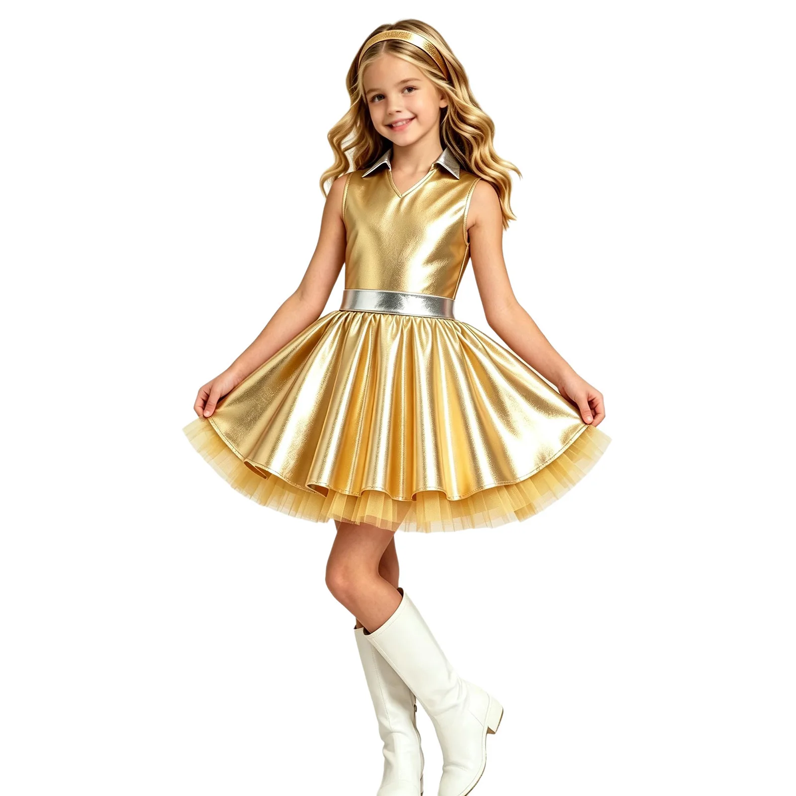 Girls Alien Tutu Dress Kids Sleeveless A-line Tulle Metallic Disco Jazz Dance Dress Halloween Astronaut Robot Space Themed Party