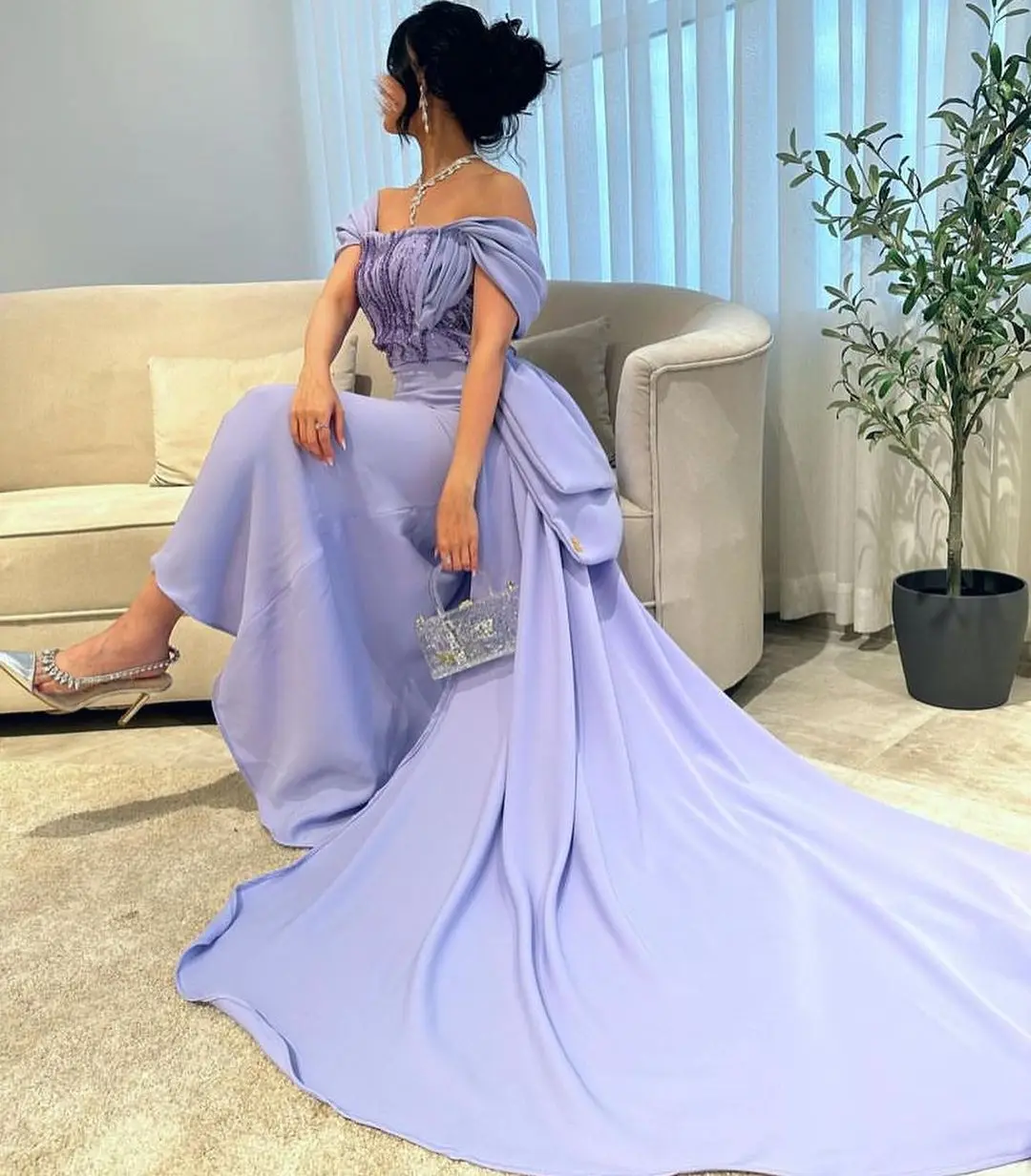 

AsaNagi Purple Mermaid Evening Gown Women's Off Shoulder Beaded Party Prom Dresses Ankle Length Saudi Special Occasion Dress