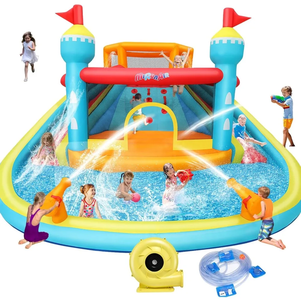 

Whubefy Large Water Slide Bounce House, Waterslide14x14 Ft Inflatable Waterpark for Kids 8-12, W/2 Slides/Jumping Area/ 2 Blaste