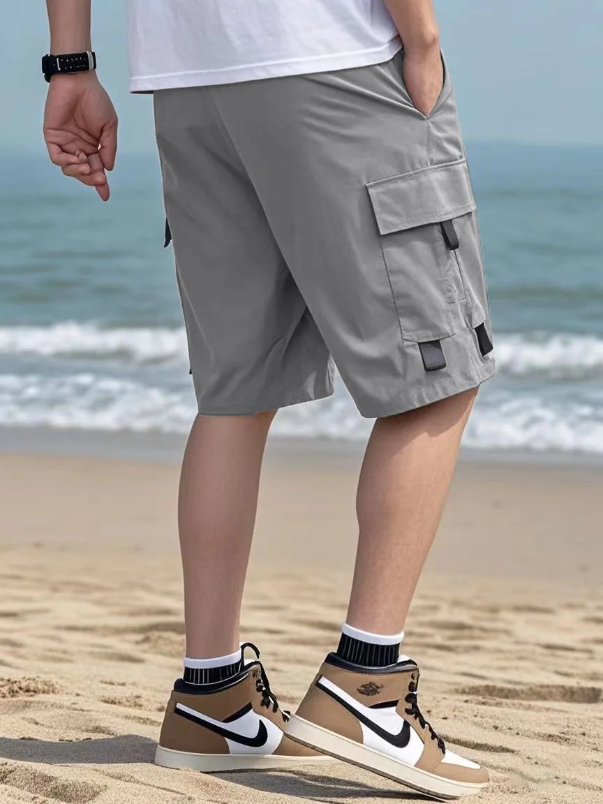 2025 صيف جديد نمط الرجال لون نقي عادية الرياضة الركض البضائع السراويل الرجال فضفاضة مستقيم الساق متعددة جيب خمسة أرباع السراويل ﻿