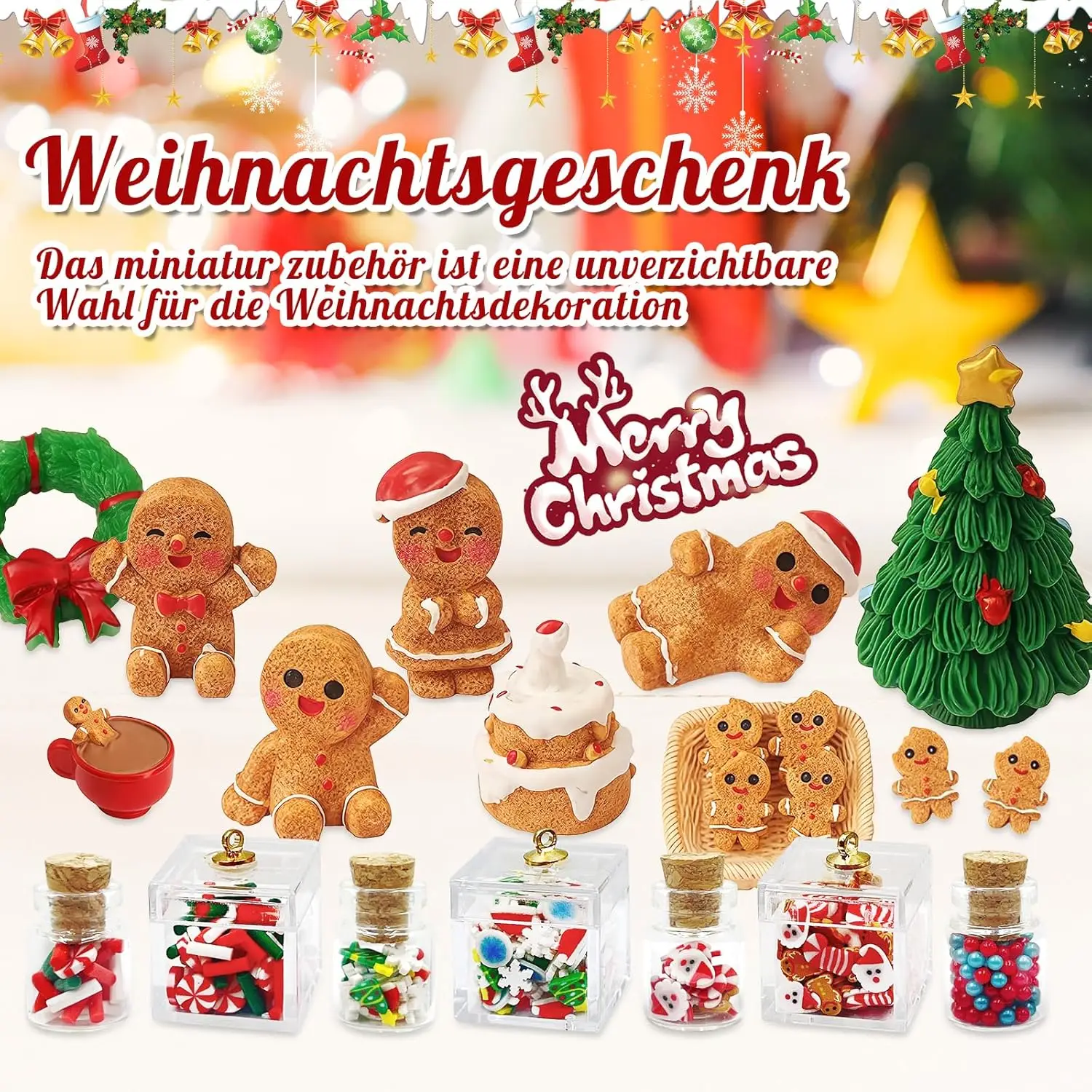 진저브레드맨 피규어 세트 크리스마스 인형 집 장식 미니어처 크리스마스 트리 화환 비스킷 요정 정원 장식품
