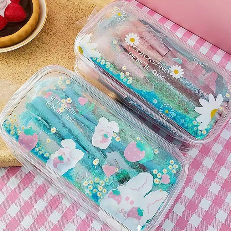 Cute Transparent Quicksand Pencil Bag Cartoon Bear Rabbit Stationery Bag Large Capacity Cosmetic Bag School Office Supplies