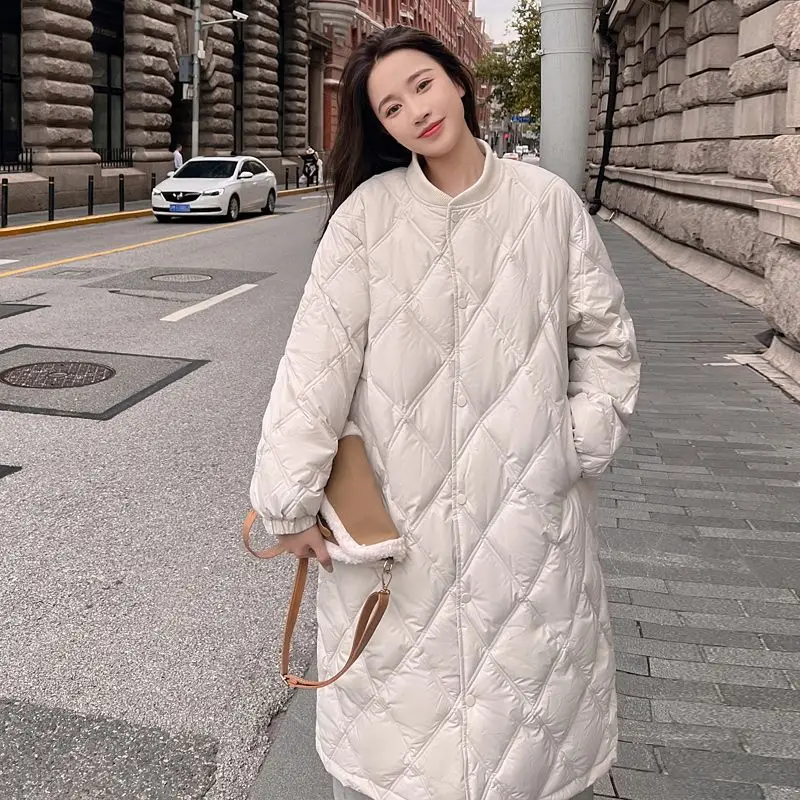 2023 Checkered Thin Cotton Jacket For Women, Mid Length, Loose, Casual, Single Breasted, Round Neck, Warm, Winter, 2023