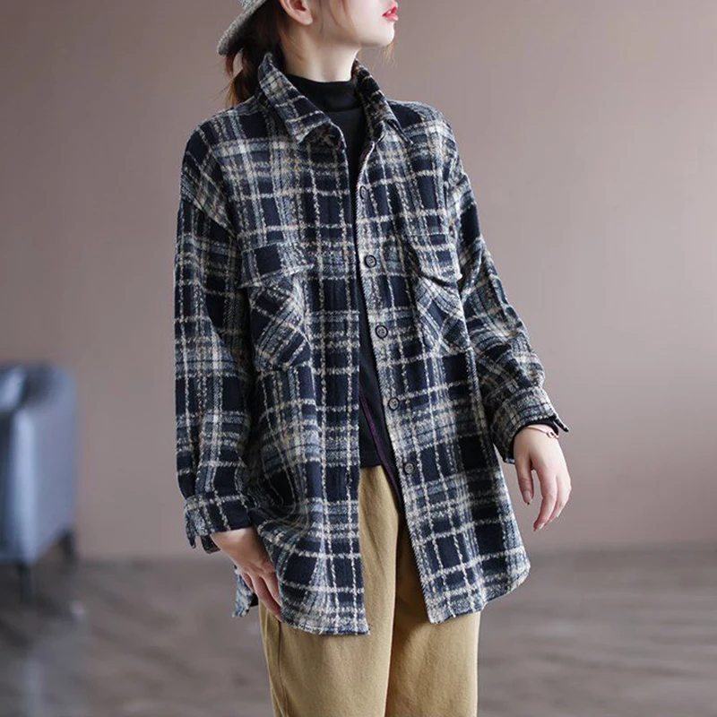 Thiened حجم كبير طويل Sve منقوشة irt ريترو تويد معطف فضفاض المرأة Busin عادية القطن طوق زر حتى معطف