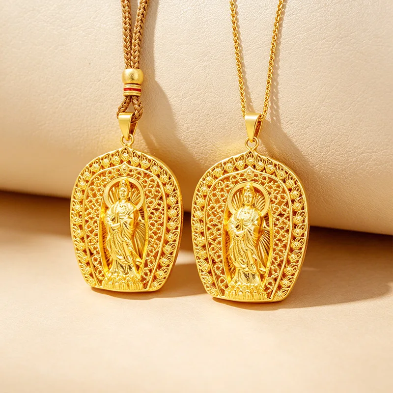 99.99% Gold Guanyin Square Pendant Necklace, Unisex Ancient Craft Chinese Guochao Imperial Palace Style Luxury