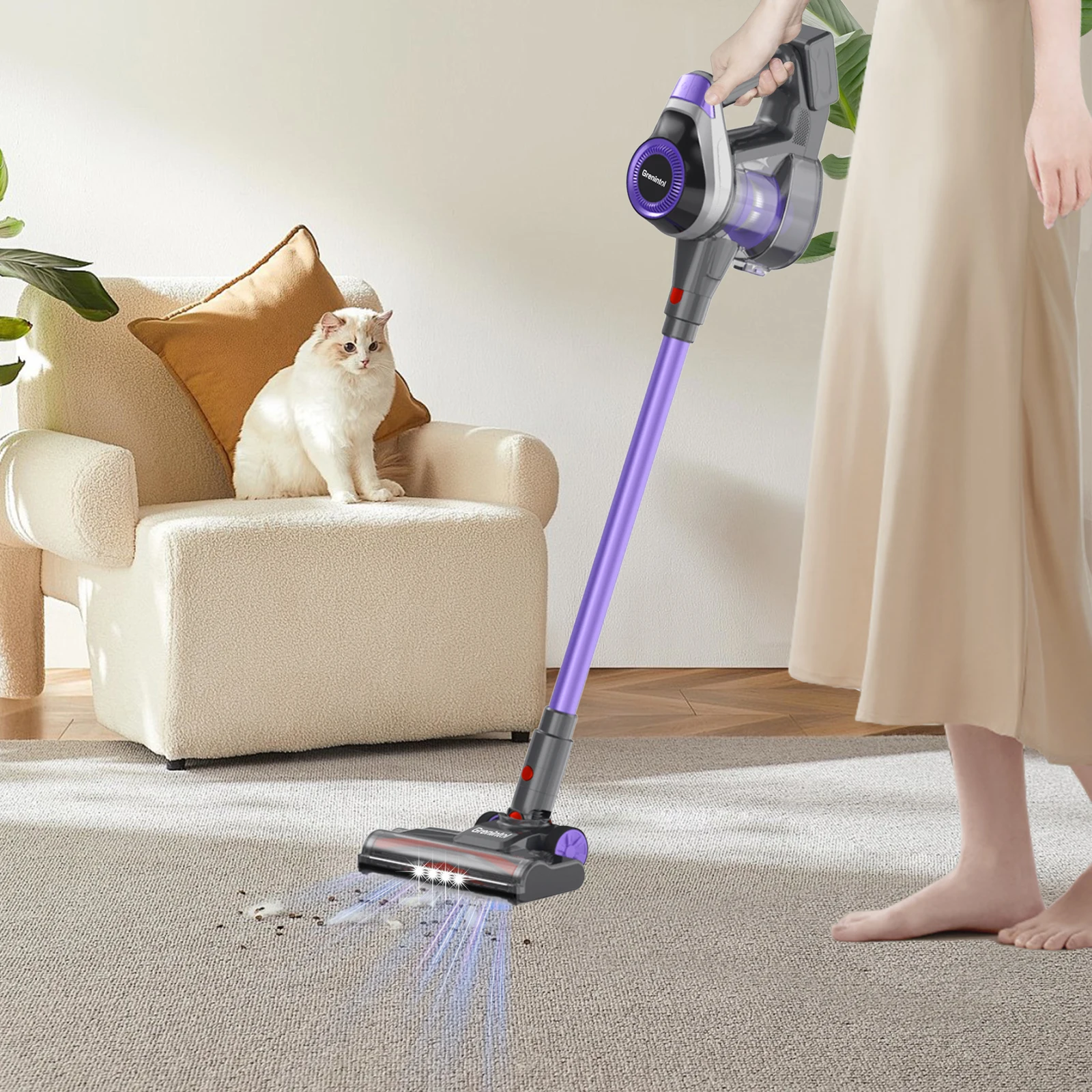 مكنسة كهربائية لاسلكية Grenintol 45000Pa 350W 8 في 1 مكنسة كهربائية هادئة لشعر الحيوانات الأليفة والأرضيات الصلبة HEPA * 4