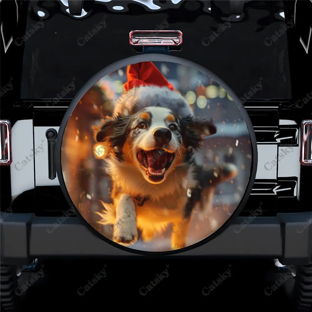 

Happy Running Christmas Dog Car Spare Tire Cover Auto Accessories Decor Wheel Wrap Protect for Trailer SUV Truck Camper 14-17in