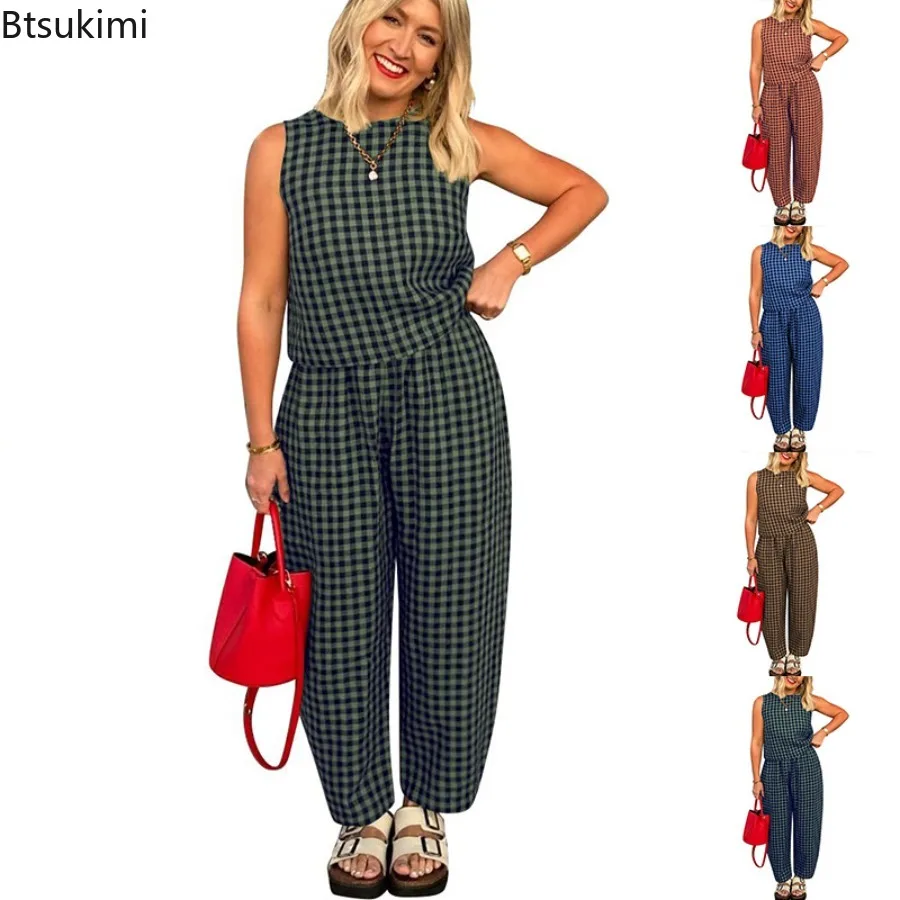 

Retro Plaid Pants Two-piece Set for Women's Clothing Fashion New Solid Color Loose Casual Sleeveless Round Neck Vest Pants Set