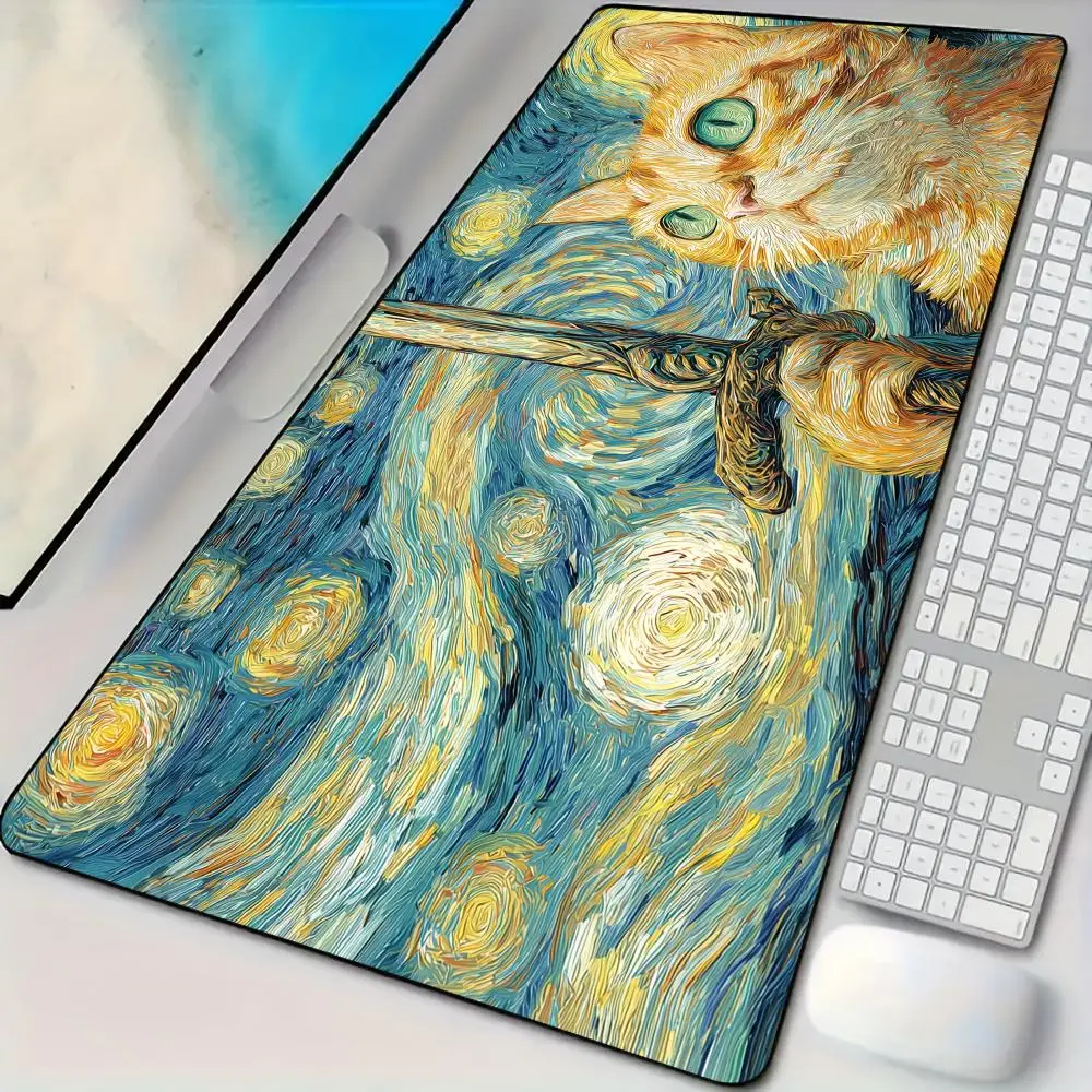

Art style samurai cat Mouse Pad Desk Mat with Stitched Edge Rubber anti-slip pc accessories Gaming mat keyboard mouse pads rug