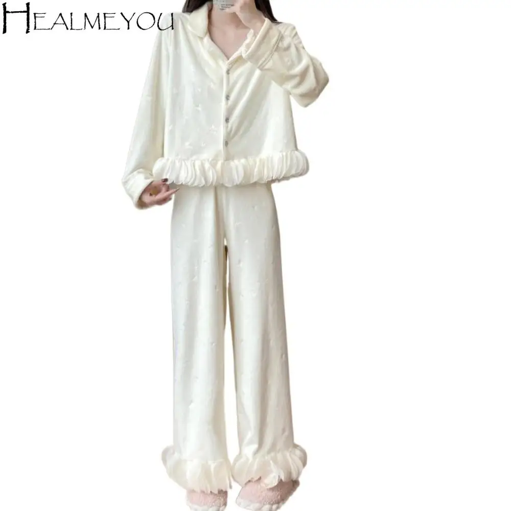 

Ins Long Sleeve Plush Bow Pajamas Set Winter Sweet Velvet Pajamas Suit Ruffle Casual Warm Thicken Sleepwear Home