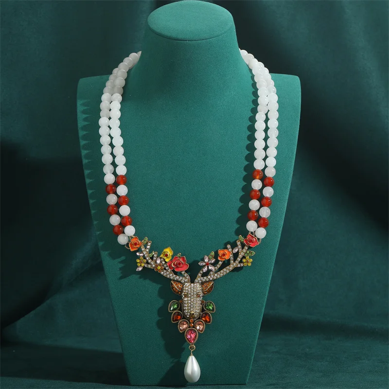 Vintage White Crystal Deer Elk Necklace Double Layered Chain Red Bead Rhinestones Christmas Gift Antique Jewelry Women New 2025