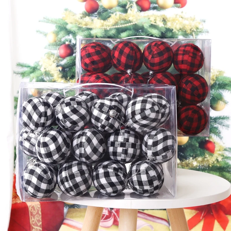 24pcs Christmas Plaid Ball Christmas Tree Ornaments Plaid Fabric Christmas Balls Xmas Hanging Tree Pendants Noel Navidad 2024