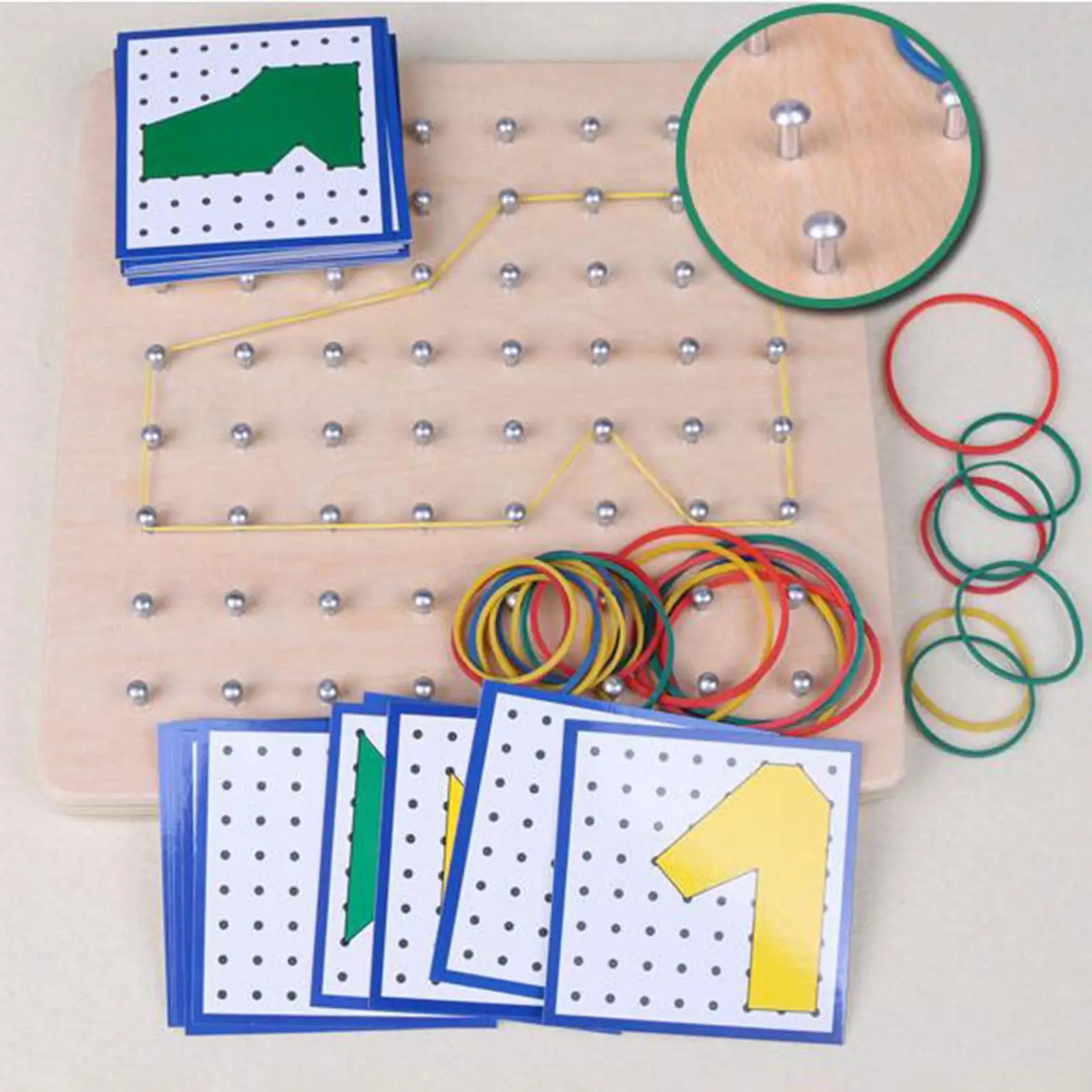 Wooden Geoboard, Montessori with Pattern Cards and Rubber Bands for Children